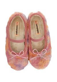 Zapatillas esponjosas y multicolores con acentos rosas, punta redonda y un detalle de lazo. Suave forro interior, con una correa elástica alrededor del pie.