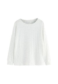 Langärmliges, weißes Rippstrickshirt mit Rundhalsausschnitt und lockerer Passform, auf einem schlichten weißen Hintergrund präsentiert.