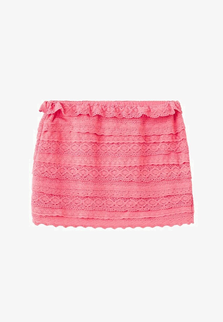 Różowa mini spódnica z koronką, z warstwowymi falbankami i falowanym wykończeniem.