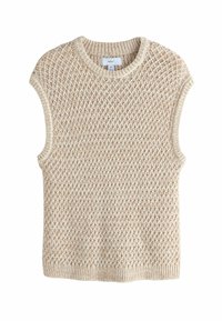 Débardeur en tricot beige sans manches avec un motif en losanges texturé et des finitions côtelées au niveau du col et de l'ourlet. Tissu léger et respirant.