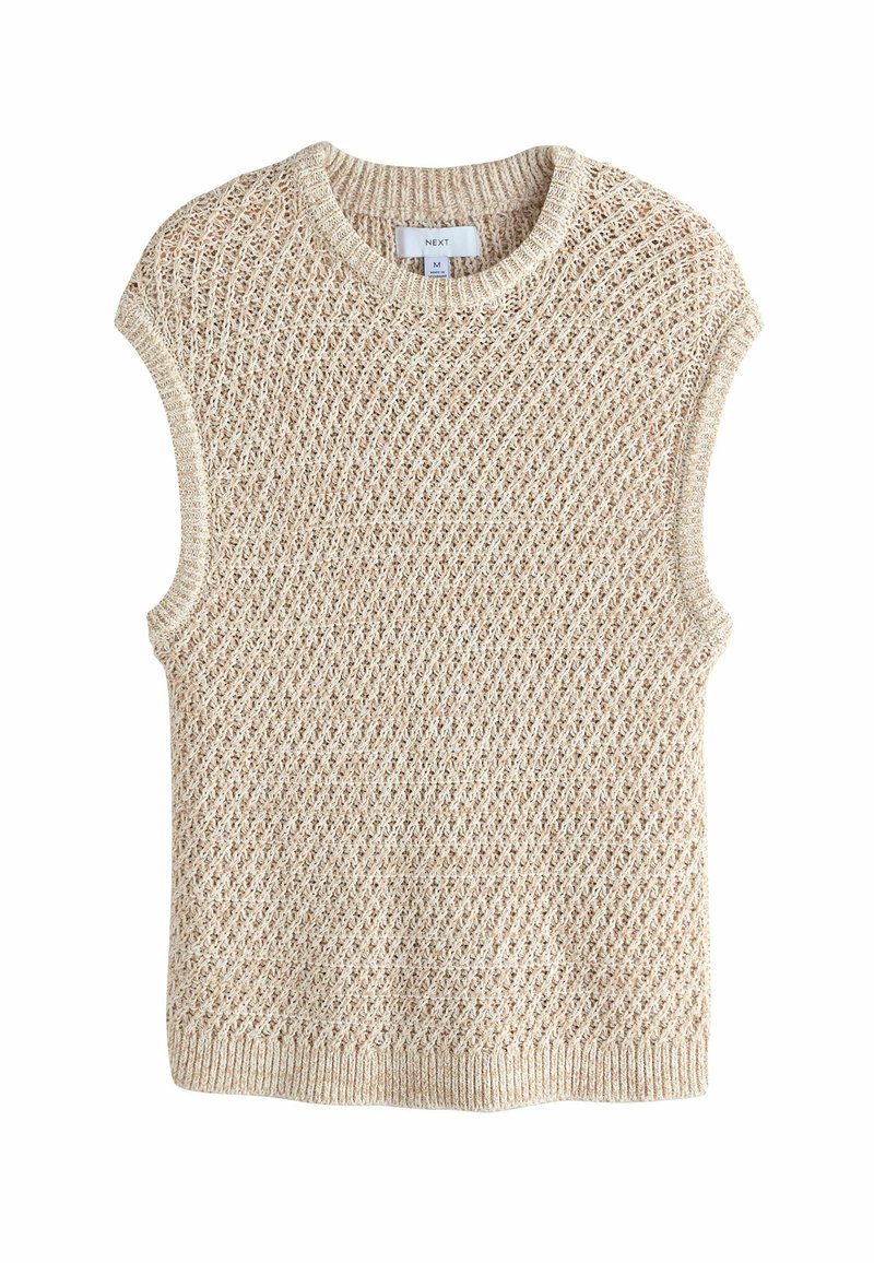 Débardeur en tricot beige sans manches avec un motif en losanges texturé et des finitions côtelées au niveau du col et de l'ourlet. Tissu léger et respirant.
