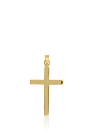 Gold polierter Kreuzanhänger mit glatter Oberfläche und einer kleinen Öse zum Befestigen an einer Halskette.