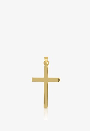 Pendentif croix en or poli avec une finition lisse et une petite boucle pour attacher à une chaîne de collier.