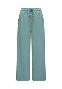 Pantaloni larghi in teal chiaro realizzati in tessuto morbido, con una cintura elastica dotata di cordoncino e senza tasche. Texture liscia.