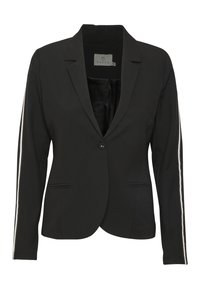 Blazer noir en tissu lisse, avec un col cranté, une fermeture à un bouton et des accents argentés rayés sur les manches.