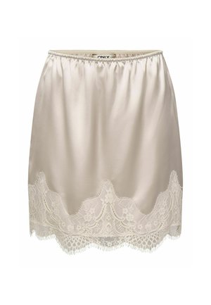 Demi-jupon en satin beige avec ceinture élastique et bordure en dentelle florale festonnée à l’ourlet.