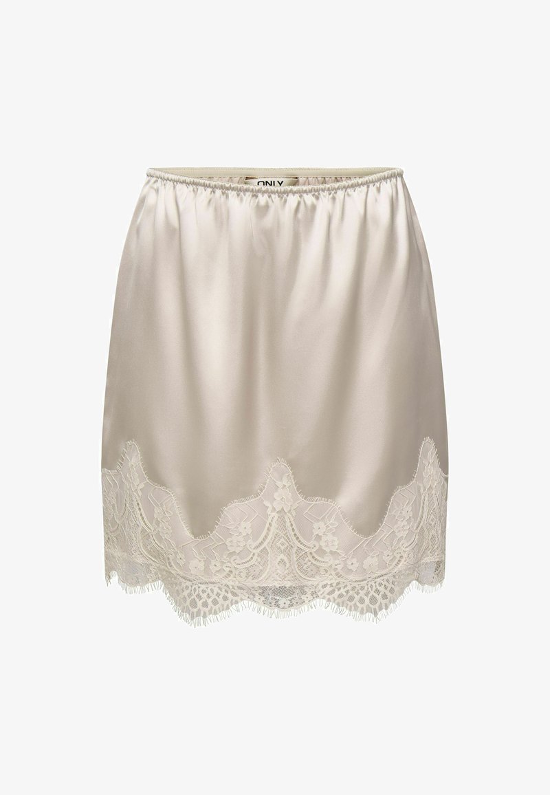 Demi-jupon en satin beige avec ceinture élastique et bordure en dentelle florale festonnée à l’ourlet.
