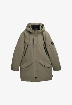 Olijfgroene parka jas met een capuchon, een ritsluiting aan de voorkant, twee flapzakken aan de voorkant en twee zijzakken met rits. Gelaagde stof met verstelbare functies.