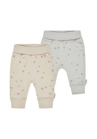 Zwei Paar Kleinkinderhosen: eine in Creme mit rosa Pfotenabdrücken, die andere in Hellblau mit ähnlichen Abdrücken. Beide haben einen weichen Bund und Bündchen.