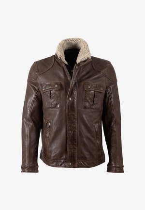Veste en cuir marron avec une finition texturée, dotée d'un col en fausse fourrure beige, de deux poches poitrine avec rabats et d'une fermeture éclair.