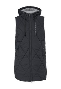 Veste noire matelassée sans manches à capuche, zip frontal, capuche avec cordon de serrage et poches latérales avec boutons-pression.