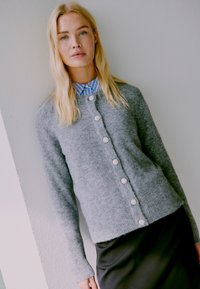 Grauer gestrickter Cardigan mit Rundhalsausschnitt und blumigen Knöpfen, über einem blauen und weißen gestreiften Hemd mit Kragen getragen, kombiniert mit einem schwarzen Rock.