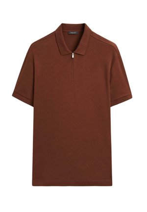 Brun kortærmet poloshirt med en sølvfarvet lynlås ved kraven, lavet af glat stof, mærket Massimo Dutti.