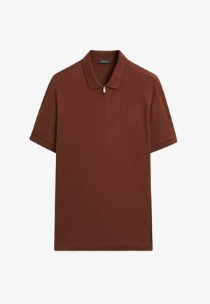 Brun kortærmet poloshirt med en sølvfarvet lynlås ved kraven, lavet af glat stof, mærket Massimo Dutti.