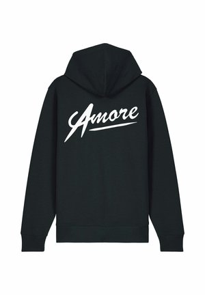 Sweat à capuche noir avec une poche kangourou à l'avant, comportant un grand graphisme blanc "Amore" dans le dos. Tissu doux, coupe standard et capuche ajustable.