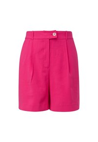 Shorts su misura a vita alta di un brillante colore rosa, con passanti per cintura, chiusura frontale con bottone e tasche laterali, presentati su uno sfondo bianco.