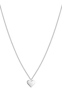 Zilveren ketting met een gladde, glanzende hartbedel. De ketting is dun en schakelig, wat het minimalistische ontwerp van de bedel accentueert.