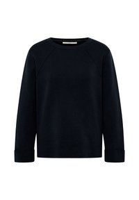 Schwarzer Langarm-Crewneck-Pullover mit umgeschlagenen Bündchen und einem schlichten, ungeschmückten Design auf einem weißen Hintergrund.