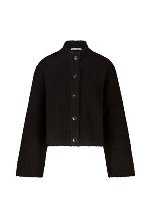 Black fuzzy knit cropped cardigan with long sleeves, a high collar, and five black front buttons.