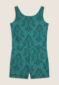 Rompers in teal realizzato in tessuto morbido, con un motivo damascato in una tonalità più scura. Presenta un design senza maniche e una vita elasticizzata.