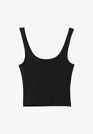 Zwarte gemakkelijke crop top met brede schouderbanden, gemaakt van zachte stof, met een gladde textuur en een minimalistisch ontwerp.