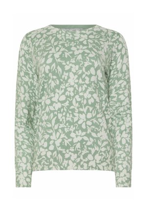 Langærmet, rundhalset sweater med en lysegrøn bund og hvidt blomstermønster over det hele.