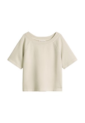 Sweat-shirt beige à manches courtes raglan avec col rond et petit logo de la marque imprimé près de l'ourlet.