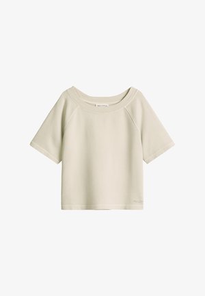 Sweat-shirt beige à manches courtes raglan avec col rond et petit logo de la marque imprimé près de l'ourlet.