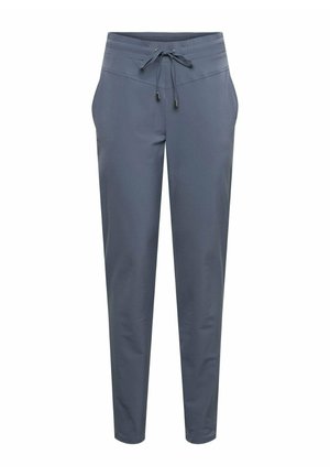 Donkergrijze taps toelopende broek met elastische tailleband en verstelbare trekkoord, voorzien van zijzakken en een gladde stofafwerking.