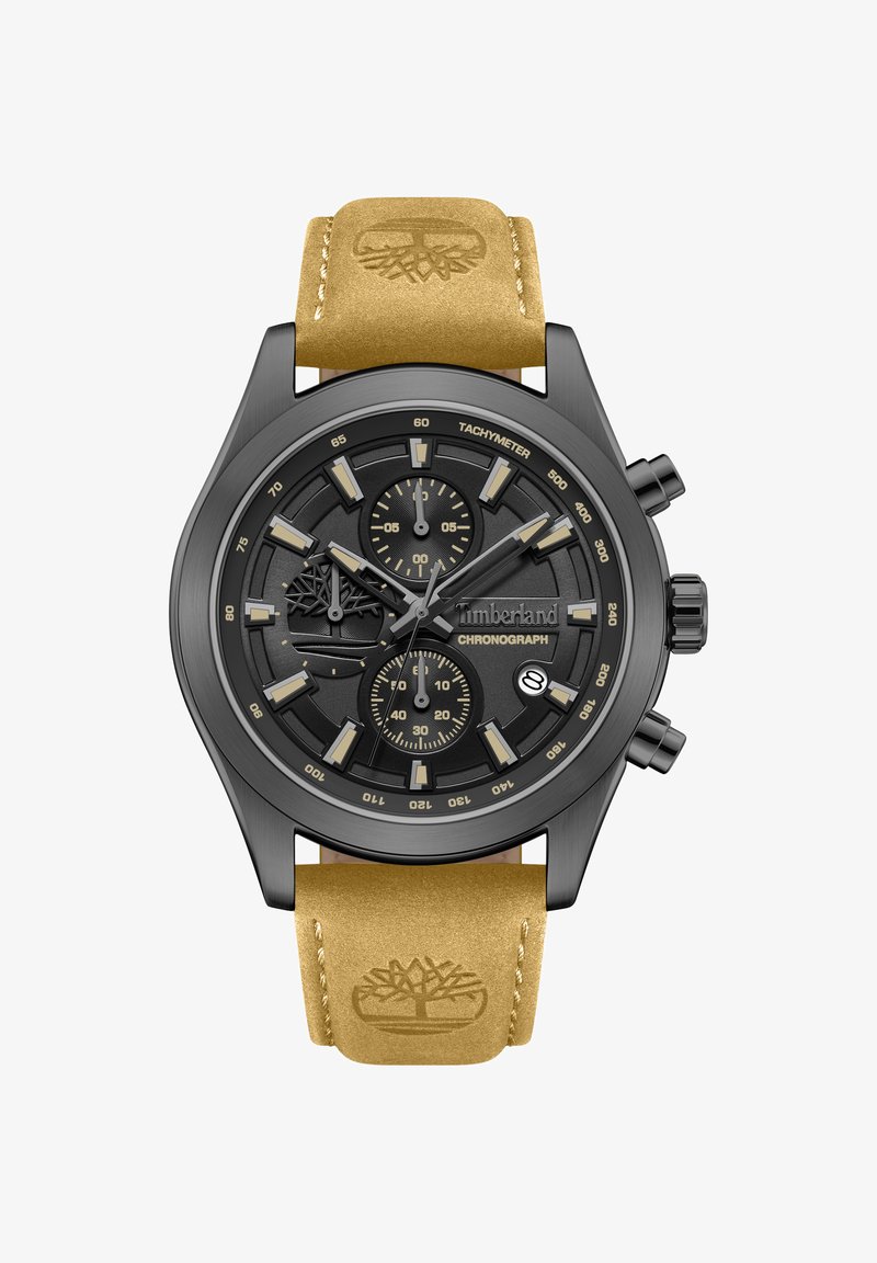 Montre chronographe Timberland noire avec bracelet en cuir marron clair embossé du logo arbre, trois sous-cadrans, fenêtre date et lunette tachymétrique.