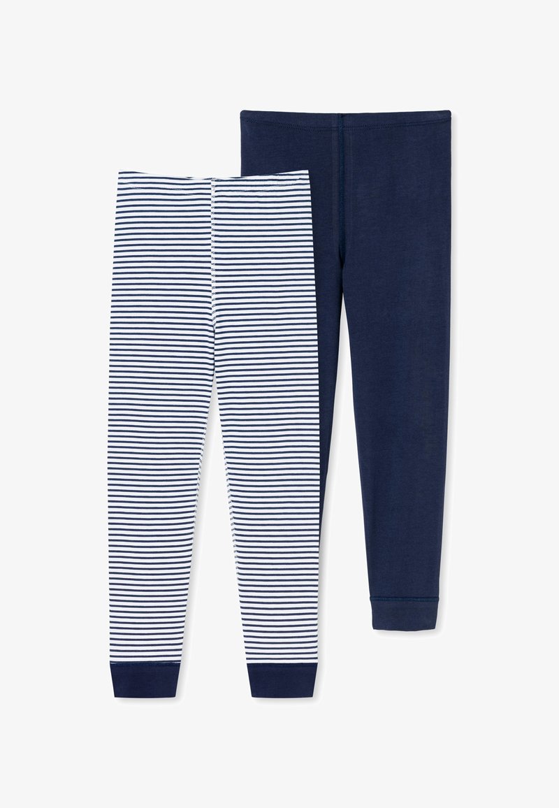 Två par leggings: en marinblå och en med horisontella vita och marinblå ränder. Båda har figurnära ben och elastiska midjeband.