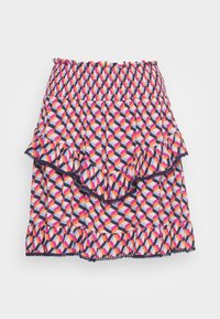 Saias coloridas com padrões de formas geométricas em rosa, laranja e azul. Cintura elástica e camadas com babados com acabamento em azul-marinho. Material de algodão.
