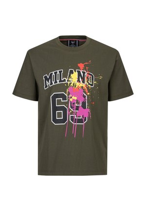 Olive green cotton t-shirt featuring 'MILANO 60' graphic with splashes of pink, yellow, and orange. Short sleeves and crew neck design.