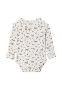 Weißer Langarm-Body für Babys mit rosa und blauen Blumenmuster, Wickelstil vorne und Druckknöpfen an der Seite und im Schritt.
