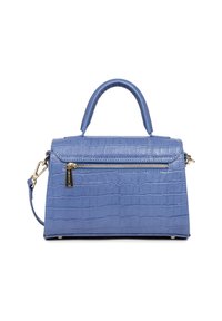 Borsa blu con effetto coccodrillo, dotata di manico superiore e tracolla removibile; presenta una tasca con zip sul davanti e dettagli dorati.