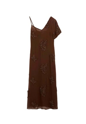 Vestido asimétrico marrón con una manga corta y una tira fina, decorado con motivos florales de cuentas.