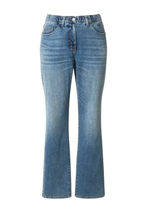 Blaue hoch taillierte Jeans aus Denim mit leichter Verwaschung, vorne mit Knopf- und Reißverschluss und Bootcut-Beinen.