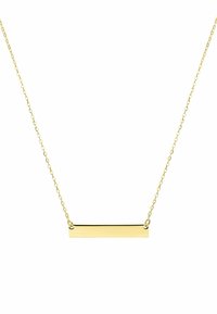 Gouden halsketting met een rechthoekige hanger aan een delicate ketting, met een gladde afwerking en een minimalistisch ontwerp.