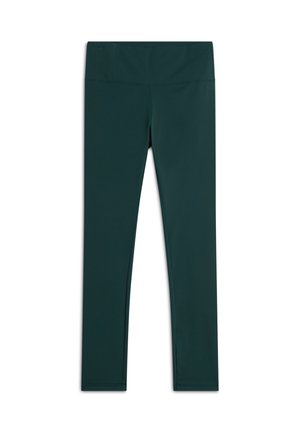 Leggings a vita alta di colore verde scuro, realizzati in tessuto elasticizzato. Texture liscia, design aderente, senza motivi o decorazioni visibili.
