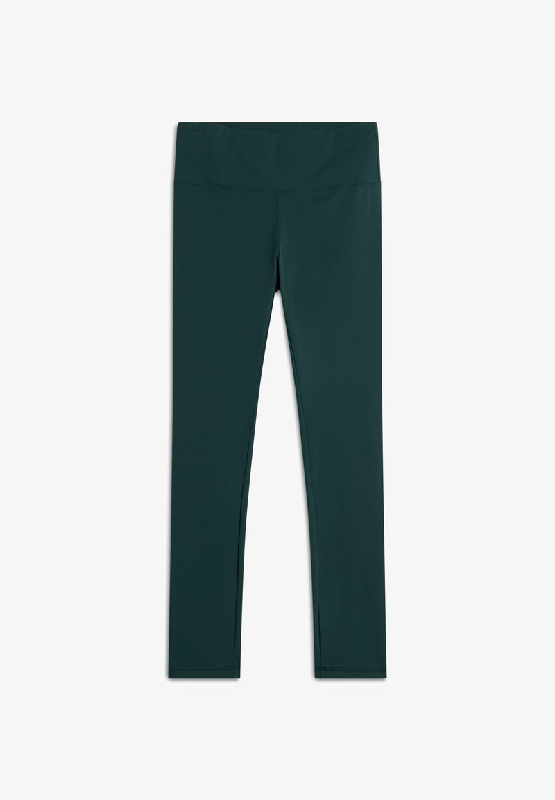 Leggings a vita alta di colore verde scuro, realizzati in tessuto elasticizzato. Texture liscia, design aderente, senza motivi o decorazioni visibili.