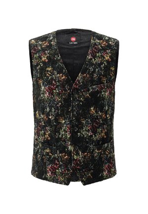 Men's buttoned vest with dark floral pattern in red, green, and yellow tones on a textured fabric by Club of Gents.