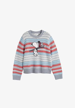 Pull en tricot gris avec un motif en zigzag rouge, blanc et bleu, agrémenté d'un graphique de Snoopy sur le devant. Poignets et ourlet côtelés.