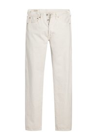 Vaqueros rectos de color beige claro, fabricados en denim, con un diseño clásico de cinco bolsillos, herrajes de cobre y cierre de cremallera.