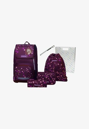 Purple backpack with floral patterns, accompanied by a drawstring bag, pencil case, and a pen, all featuring a unicorn motif.