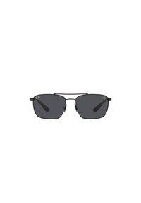 Occhiali da sole rettangolari neri con lenti scure, montatura in metallo sottile e un logo discreto sulle tempie. Design minimalista con un aspetto leggero.