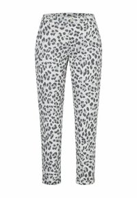 Leopard-print trousers in gray and black tones, made from a soft fabric, featuring a straight-leg design and a button closure at the waist.