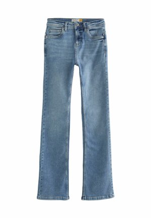 Ljusblå denimjeans med utsvängd design i benen, som har fem fickor och subtila sömnadsdetaljer. Klassisk knapp- och dragkedjestängning.