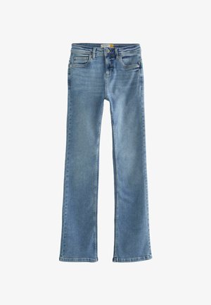 Šviesiai mėlyni džinsai su išplatėjusia kojos forma, turintys penkias kišenes ir subtilių siuvinėjimo detalių. Klasikinis užsegimas mygtuku ir užtrauktuku.