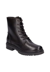 Stivaletto in pelle marrone con lacci, punta arrotondata, finitura testurizzata, suola robusta e cuciture dettagliate lungo i lati.