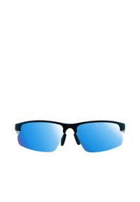 Occhiali da sole neri con lenti riflettenti blu, caratterizzati da un design elegante, naselli regolabili e tempie angolate per una vestibilità sicura.